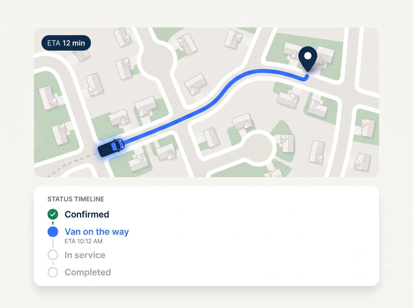 Live tracking — van on the map with ETA and status timeline